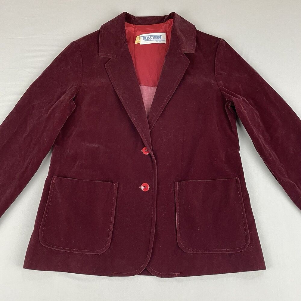 Vintage Burgundy Velvet Blazer Smoking Jacket Women’s Small Pockets Russteen USA
